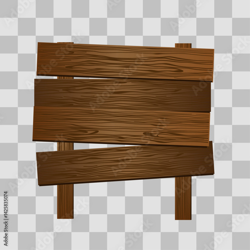 Wooden board sign blank promotion and decoration with transparent background. Wood banner billboard in old vintage style. Dark wood on stand
