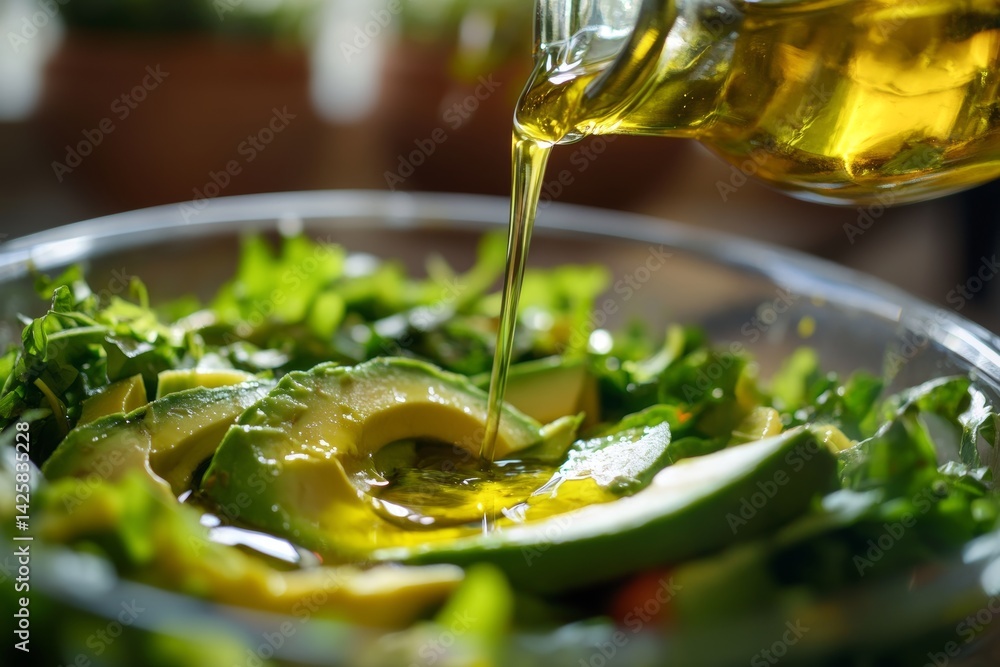 Fresh green salad with avocado and olive oil.