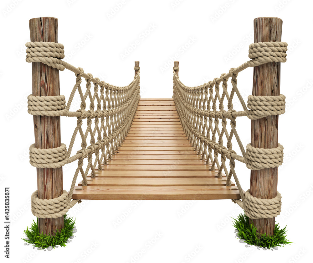Obraz premium Rope suspension bridge isolated on transparent background - 3d PNG illustration 