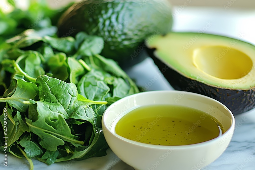 Fresh green salad with avocado and olive oil.