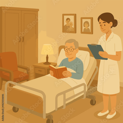 Elderly Man Reading in Hospital Bed with Nurse Attending Him
