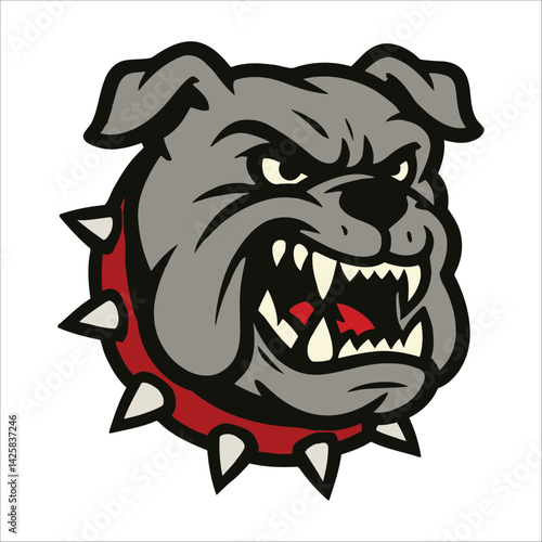 Aggressive bulldog head with prominent sharp teeth and an intense expression.