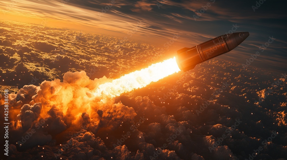 Fototapeta premium Slow motion scene of rocket booster separation above Earth's atmosphere,generative ai illustration