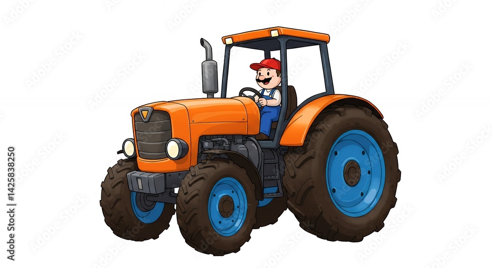 Fototapeta premium Cartoon tractor illustration driving agricultural machinery commercial imagery