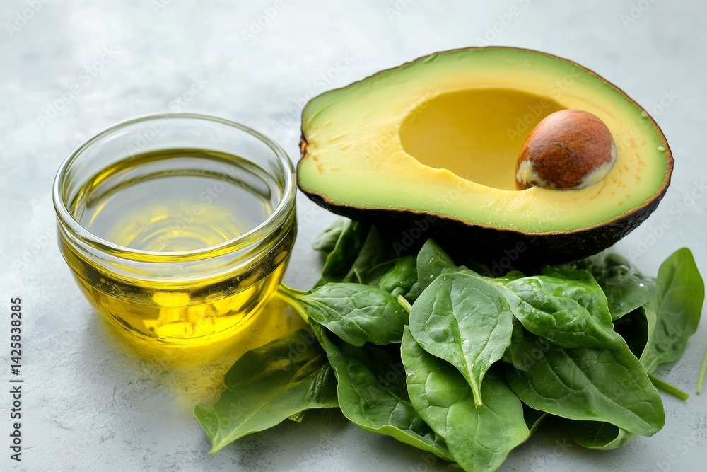 Fresh green salad with avocado and olive oil.