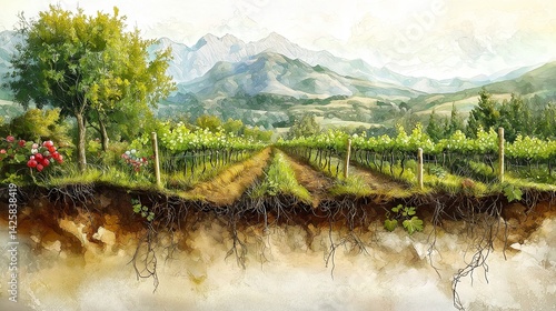 Soil cross section of a vineyard showing drip irrigation system and root pathways,generative ai illustration