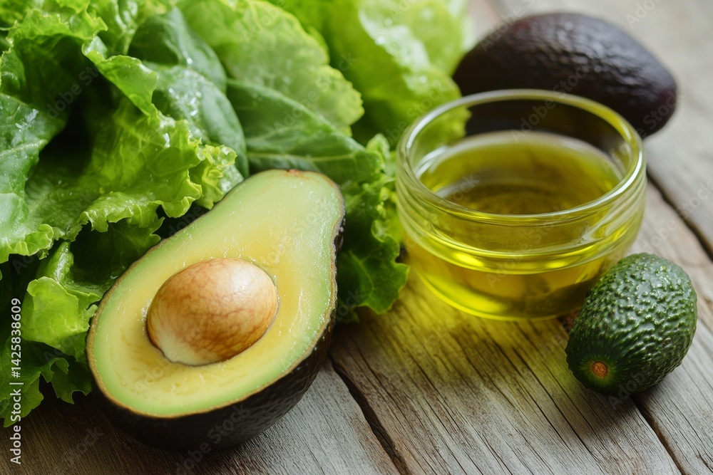 Fresh green salad with avocado and olive oil.