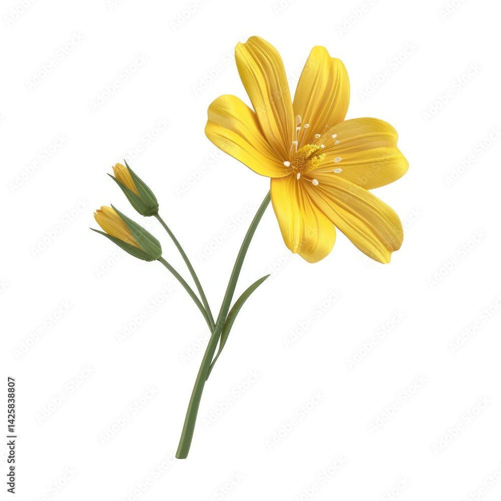 Vibrant yellow flower with two buds on a slender stem. Vibrant yellow flower with two buds on a slender stem.