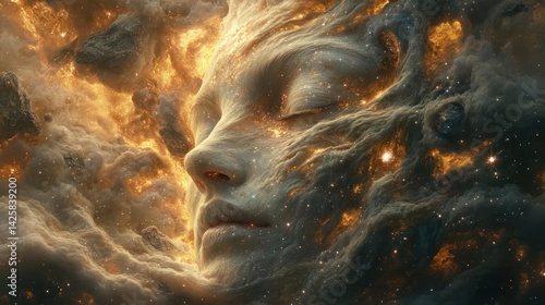Cosmic, ethereal female face emerging from nebulae,  glowing, peaceful