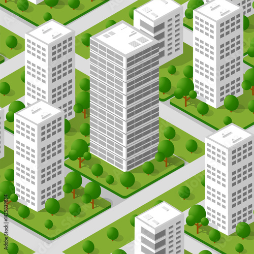 Modern isometric city with skyscrapers and green parks