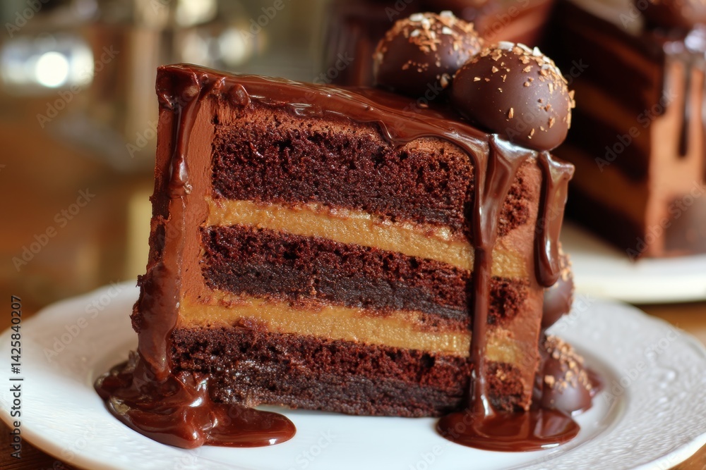 Triple layer chocolate cake with ganache.