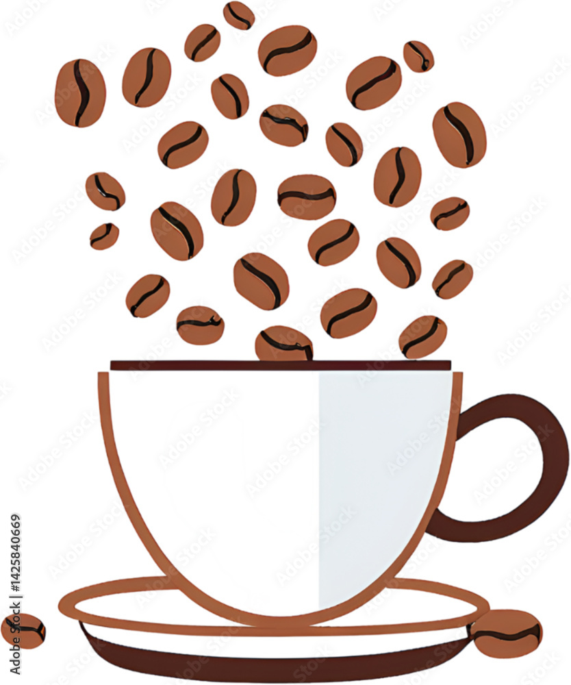 Obraz premium Artistic Depiction of Coffee Beans Floating Above a Cup and Saucer