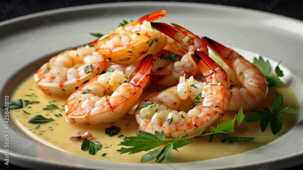 A plate of fresh cooked shrimp with lemon wedges, parsley, and peppercorns on a table A plate of fresh cooked shrimp with lemon wedges, parsley, and peppercorns on a table