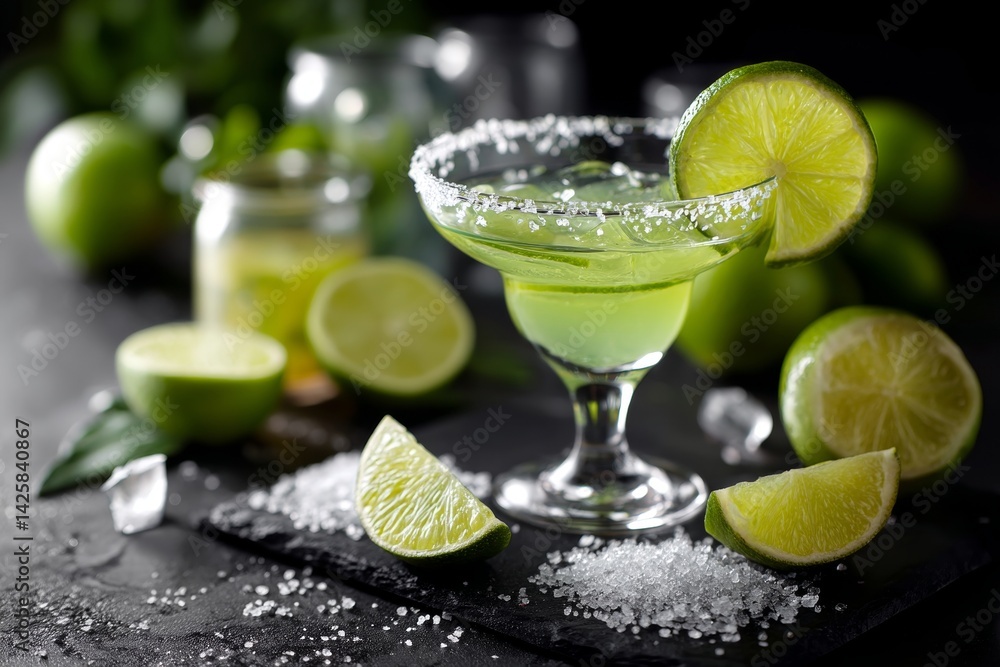 Margarita cocktail with lime and salt rim.