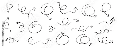 Hand drawn dotted arrows. Handdrawn freehand different curved lines, swirls arrows. Curved arrow line. Doodle, sketch style. Isolated Vector illustration.

