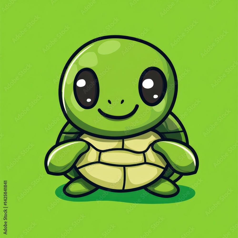 Fototapeta premium Cute cartoon turtle, green background, children's illustration