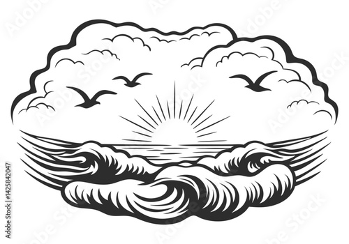 Scratchboard-style engraving of birds soaring above sea waves with rising sun and dramatic clouds in a tranquil coastal scene
