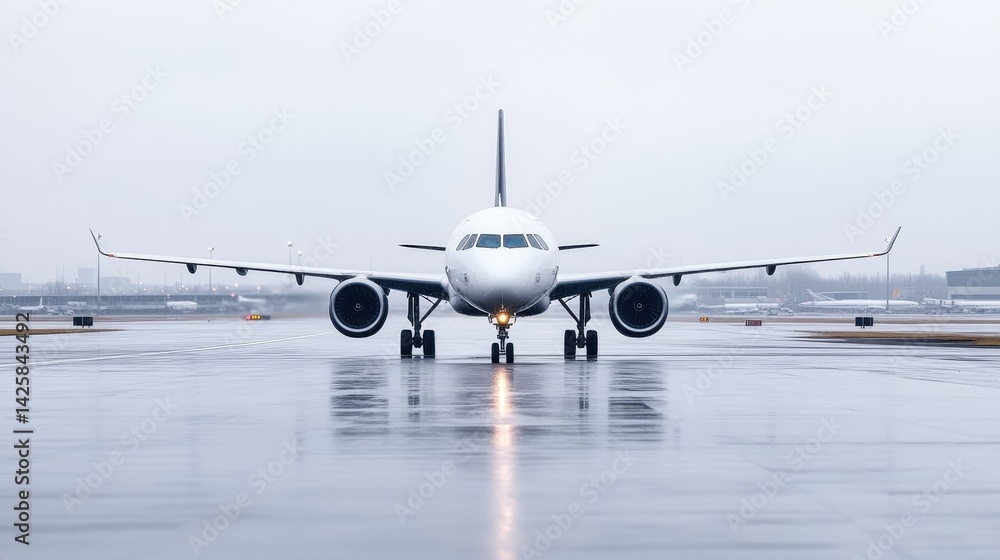 Naklejka premium A commercial airplane preparing for takeoff on a wet runway, overcast sky and foggy atmosphere, and front view composition with landing gear deployed.