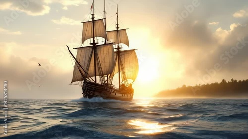 Mayflower Sailing at Sunrise near New England Coast – Peaceful Historical Scene

