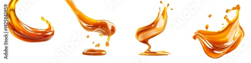 A Splash of Sweetness Golden Caramel Swirls and Drizzles Isolated on White