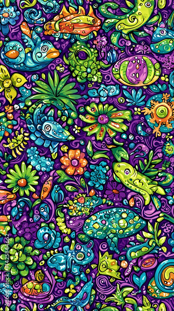 Fototapeta premium Vibrant whimsical floral and reptile pattern, perfect for textile design or phone wallpaper