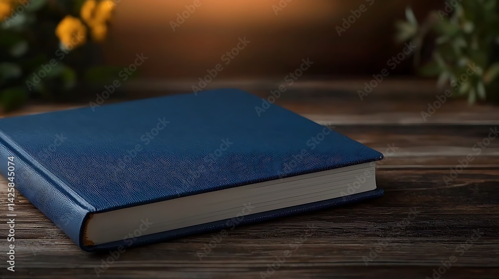 A blue hardcover book resting on a wooden table surrounded by flowers and soft lighting A blue hardcover book resting on a wooden table surrounded by flowers and soft lighting