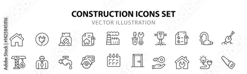 Construction. Contour linear web line icons. Design, repair, tools and construction infographics