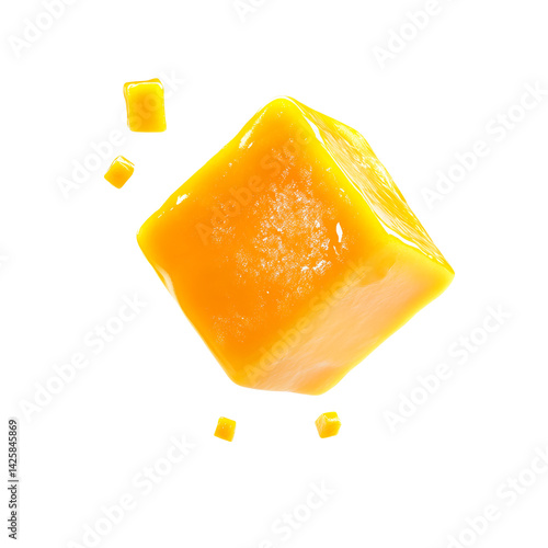 Mango cube slice piece with small mango chunks isolated on white background mango juice splash fruit candy jelly cheddar cheese cut out clipping path 3d render illustration