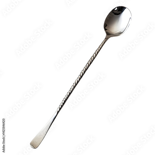 An elegant twisted bar spoon, perfect for stirring cocktails, gleaming under studio light against a plain white background.