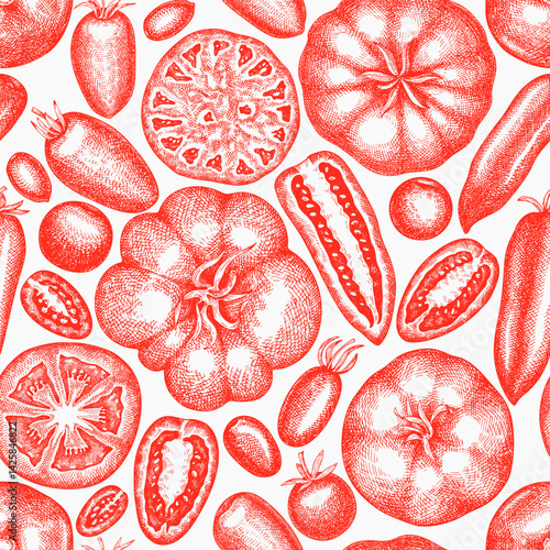 Hand Drawn Tomato Illustration. Retro Vegetable Vector Seamless Pattern. Old School Farm Food.