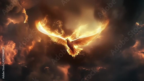 A white pigeon with fiery wings flying through fire and dense smokes in dramatic scene