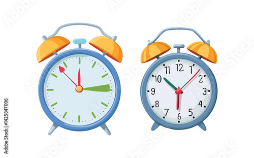 Set of alarm clocks in different colors isolated on white background,  clock vector illustration.