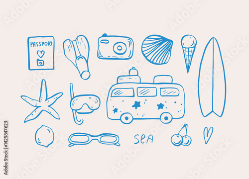 Sea life doodle hand drawn vector illustrations. Ocean life in blue color