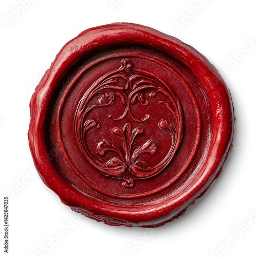 Ornate, red wax seal with intricate design.