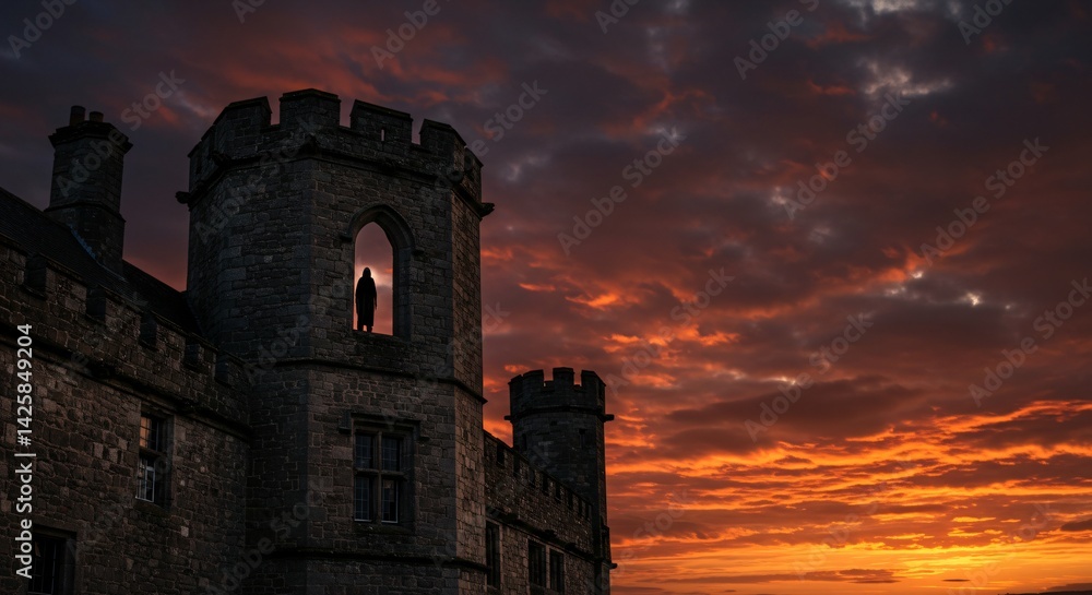Silhouette of a man or woman stood in a stone archway at the top of a medieval castle at sunset, a dark hood covering their face. Silhouette of a man or woman stood in a stone archway at the top of a medieval castle at sunset, a dark hood covering their face.