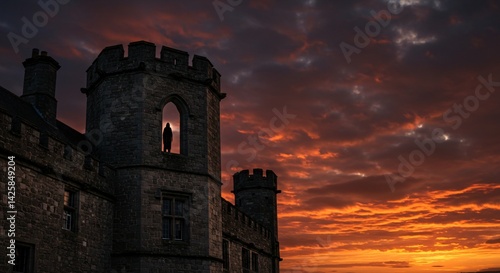 Silhouette of a man or woman stood in a stone archway at the top of a medieval castle at sunset, a dark hood covering their face.