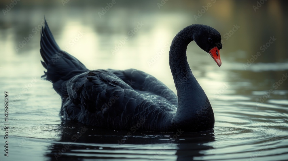 Obraz premium Black swan glides on tranquil water