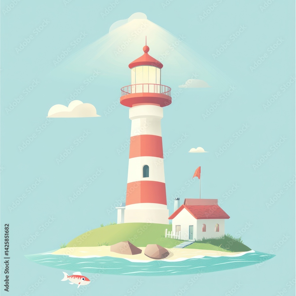 Coastal Lighthouse Guiding Ships, Calm Sea Coastal Lighthouse Guiding Ships, Calm Sea