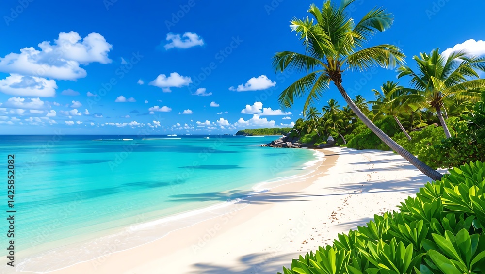 Obraz premium A tropical beach with palm trees and turquoise water under a bright blue sky with clouds