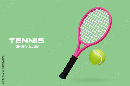 Tennis sport club landing page template, poster, banner design. Vector illustration. 3d realistic pink tennis racket and green tennis ball. Tennis sport equipment.