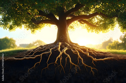 Wallpaper Mural Solid oak tree with deep roots spreading. Integrity deep foundation. Strength, ethics, sturdy support. Green leaves in golden sunlight, tree trunk rooted in soil. Growth, development metaphor for Torontodigital.ca