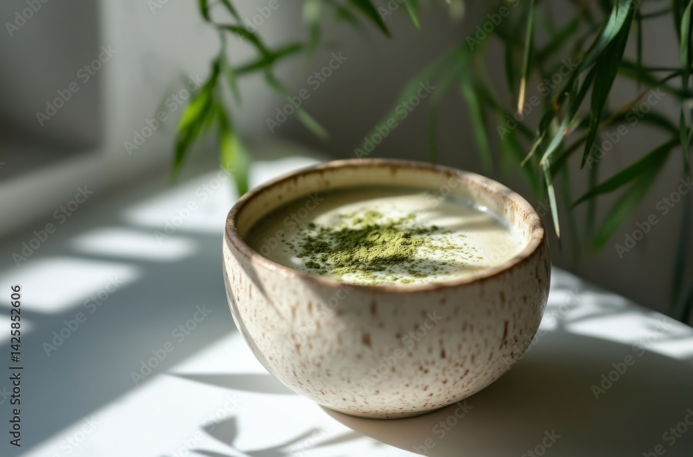 Luxurious almond milk matcha latte in a ceramic cup, Luxurious almond milk matcha latte in a ceramic cup,