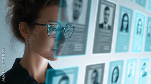 Fototapeta Naklejka Na Ścianę i Meble -  Modern HR recruitment with holographic resumes and candidate profiles