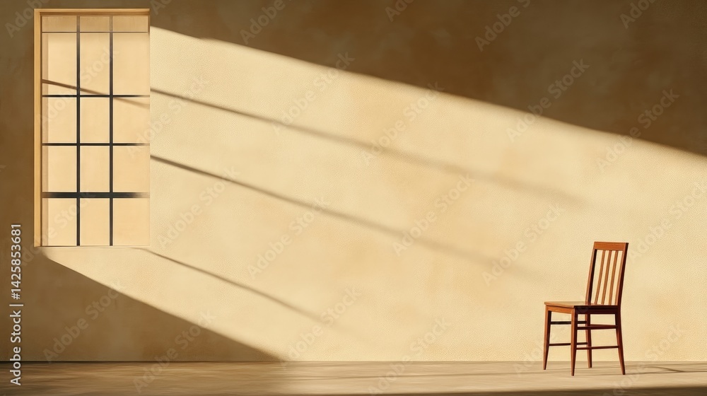 Obraz premium Empty room bathed in sunlight. A simple wooden chair sits in the corner, next to a window