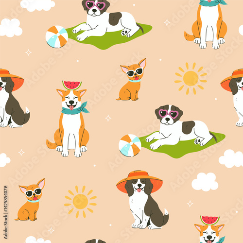 Seamless pattern with cute summer dogs. Vector graphics.
