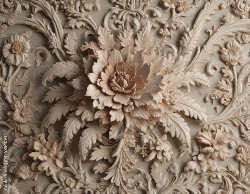Intricate floral plasterwork wallpaper detail, close-up , floral, light, flower