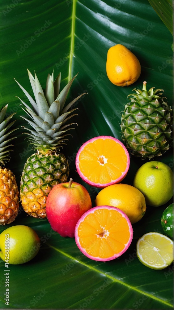 Vibrant Assortment: A Tropical Fruit Medley Displayed on a Lush Green Banana Leaf, Celebrating the Bounty of Nature. Vibrant Assortment: A Tropical Fruit Medley Displayed on a Lush Green Banana Leaf, Celebrating the Bounty of Nature.