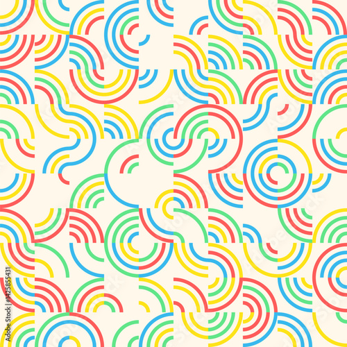 Abstract geometric background, brutalism style elements in random order and rainbow colors, seamless vector geo pattern, simple flat style shapes
