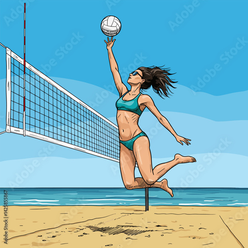 Woman Jumping to Hit Volleyball on Beach in Sunny Weather