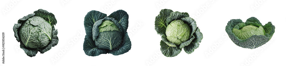 Fototapeta premium Variety of fresh cabbage heads showcasing textures and colors, cut out - stock png.